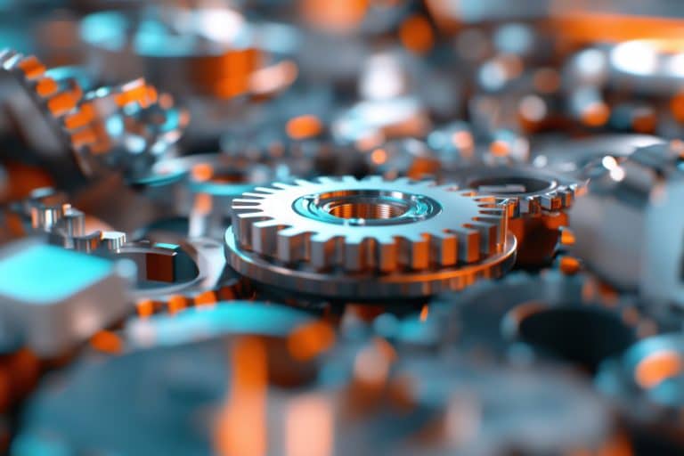 A detailed view of industrial machinery with bright orange and metallic components, hinting at production
