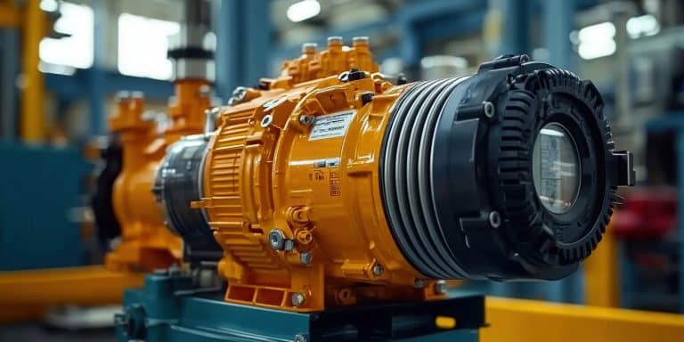 A detailed view of industrial machinery with bright orange and metallic components, hinting at production